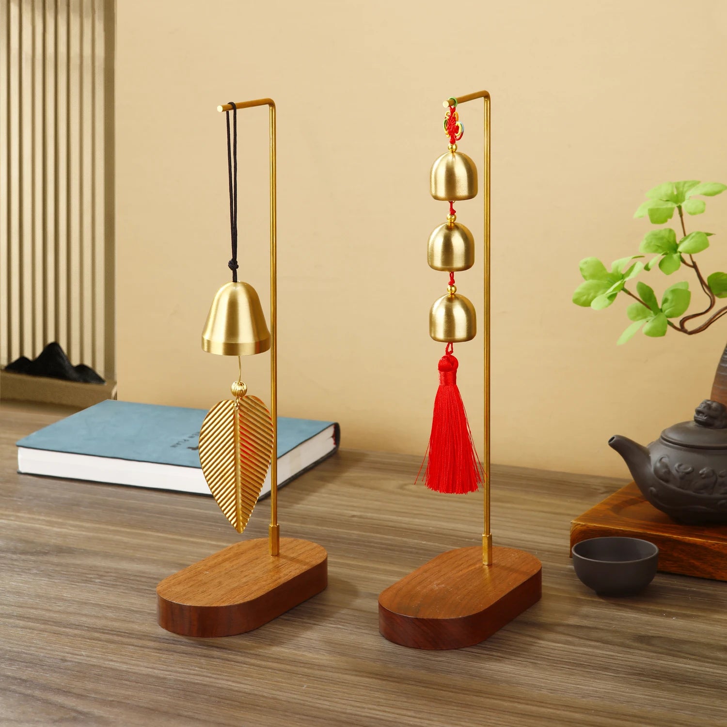 Copper Wind Chime with Walnut Base Hanging Ornaments Home Balcony Decor Car Pendant Gift Home Decoration Accessories