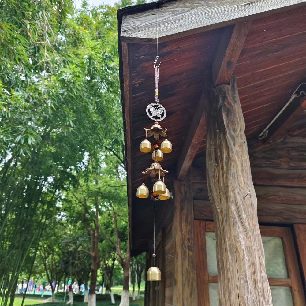 Wind Chime Featuring a Double Metal Bell Pendant, Brass-Colored, Ideal for Decorating Your Home Or Patio Wall, And Makes a