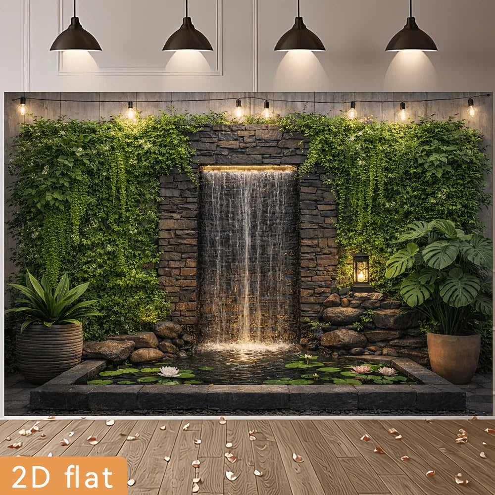 A natural-themed waterfall wall decorated with hanging plants and water lilies - suitable for families, weddings, and decoration