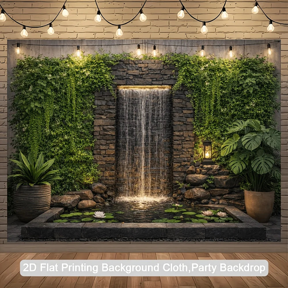 A natural-themed waterfall wall decorated with hanging plants and water lilies - suitable for families, weddings, and decoration
