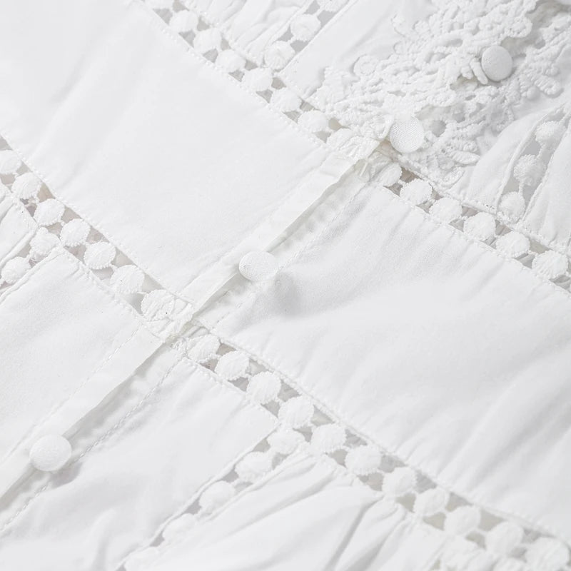Elegant V Neck Long Puff Sleeve Embroidery Female Dress Chic Hollow Out A line Madi Dresses for Women Fashion Spring Lady Robes