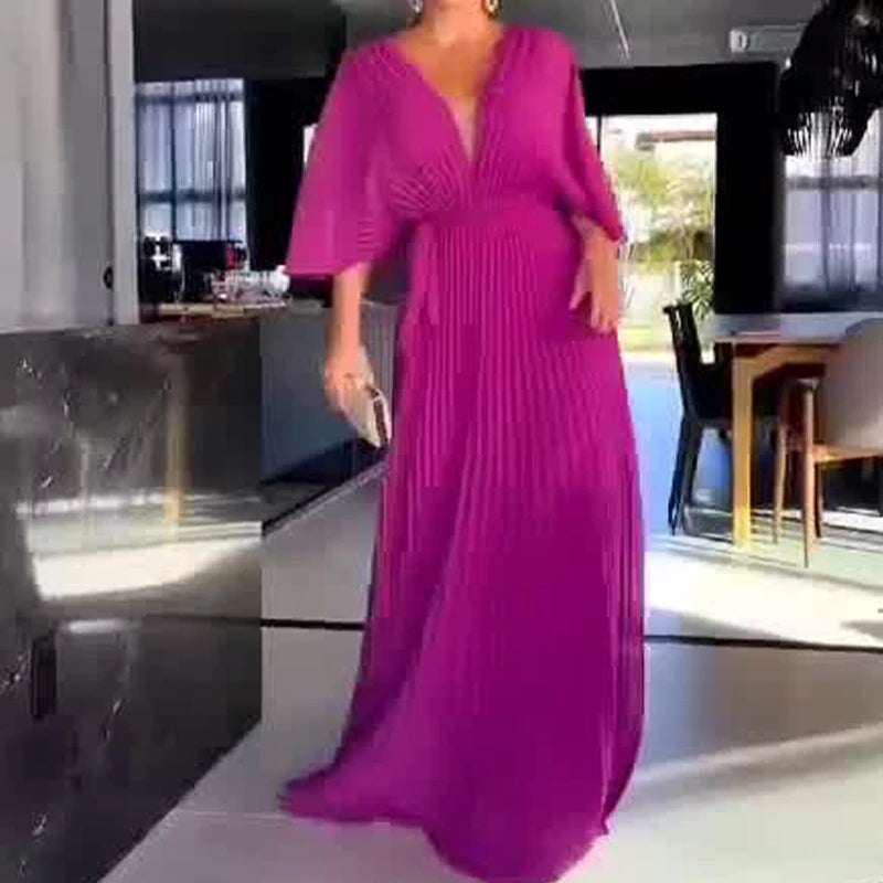Elegant V-neck Waist Evening Dress Women Casual 3/4 Sleeve Solid Pleated Maxi Dress Spring Autumn Fashion Pullover Party Dresses