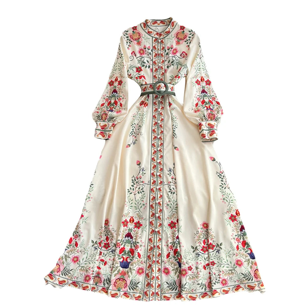2026 Runway Luxury Designer Dresses Women Stand Neck Long Sleeve Floral Print With Belt Boho Holiday Dress Flower Long Robes