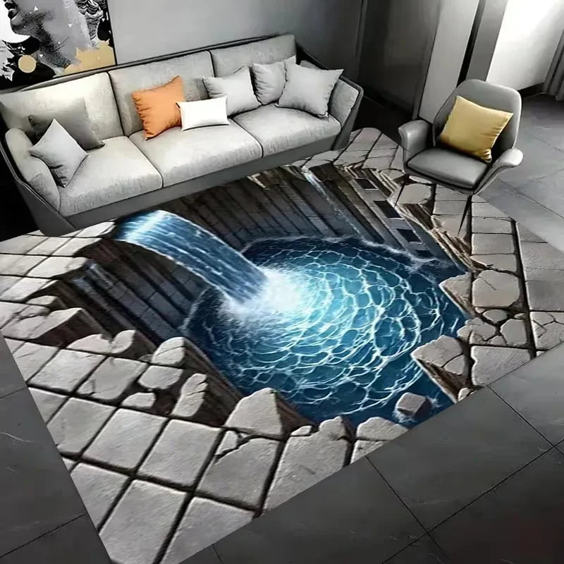 2D Waterfall Landscape Area Rug Realistic Forest Creek Nature Scenery Floor Mat Soft Non-Slip Home Decor Carpet for Living Room