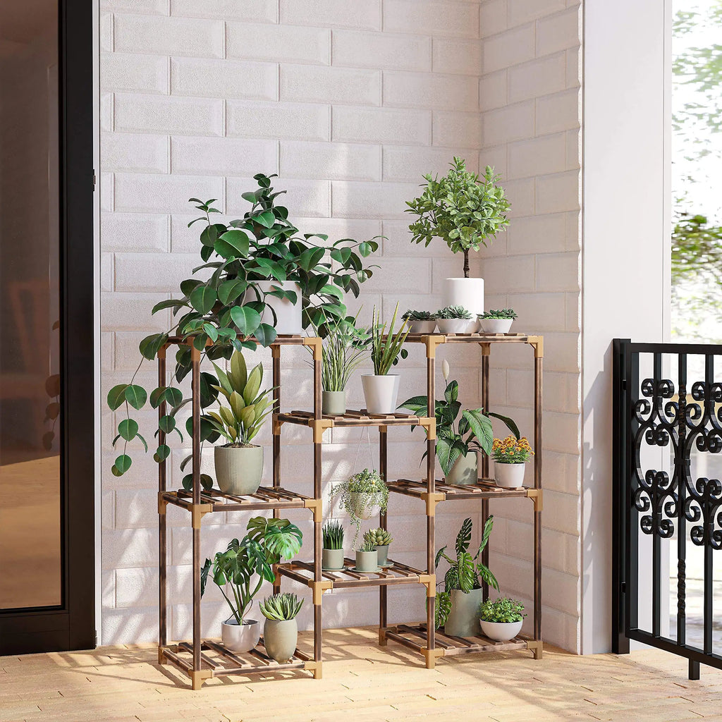 Indoor-outdoor wooden multi-tier plant stand, suitable for placement in living rooms, courtyards, and balconies.
