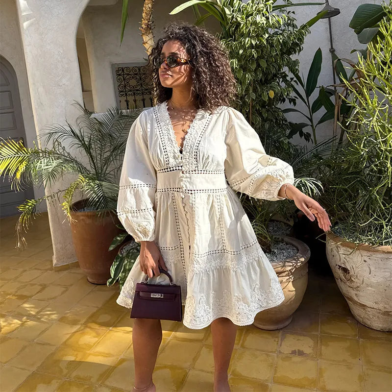 Elegant V Neck Long Puff Sleeve Embroidery Female Dress Chic Hollow Out A line Madi Dresses for Women Fashion Spring Lady Robes