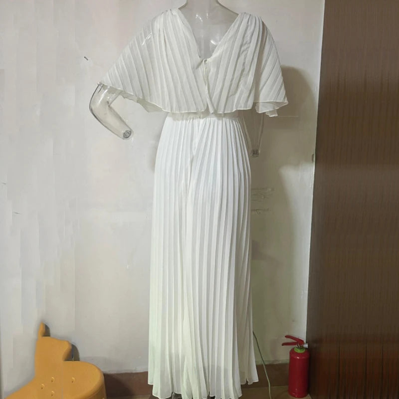 Elegant V-neck Waist Evening Dress Women Casual 3/4 Sleeve Solid Pleated Maxi Dress Spring Autumn Fashion Pullover Party Dresses