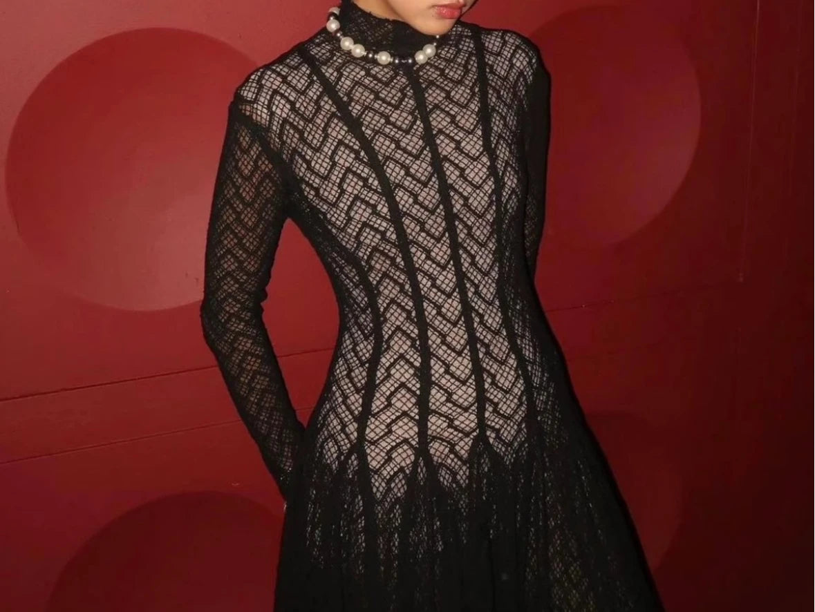 TWOTWINSTYLE Solid Slimming Spliced Ruffles Dresses for Women Round Neck Long Sleeves Patchwork Hollow Out Dress Female Clothing