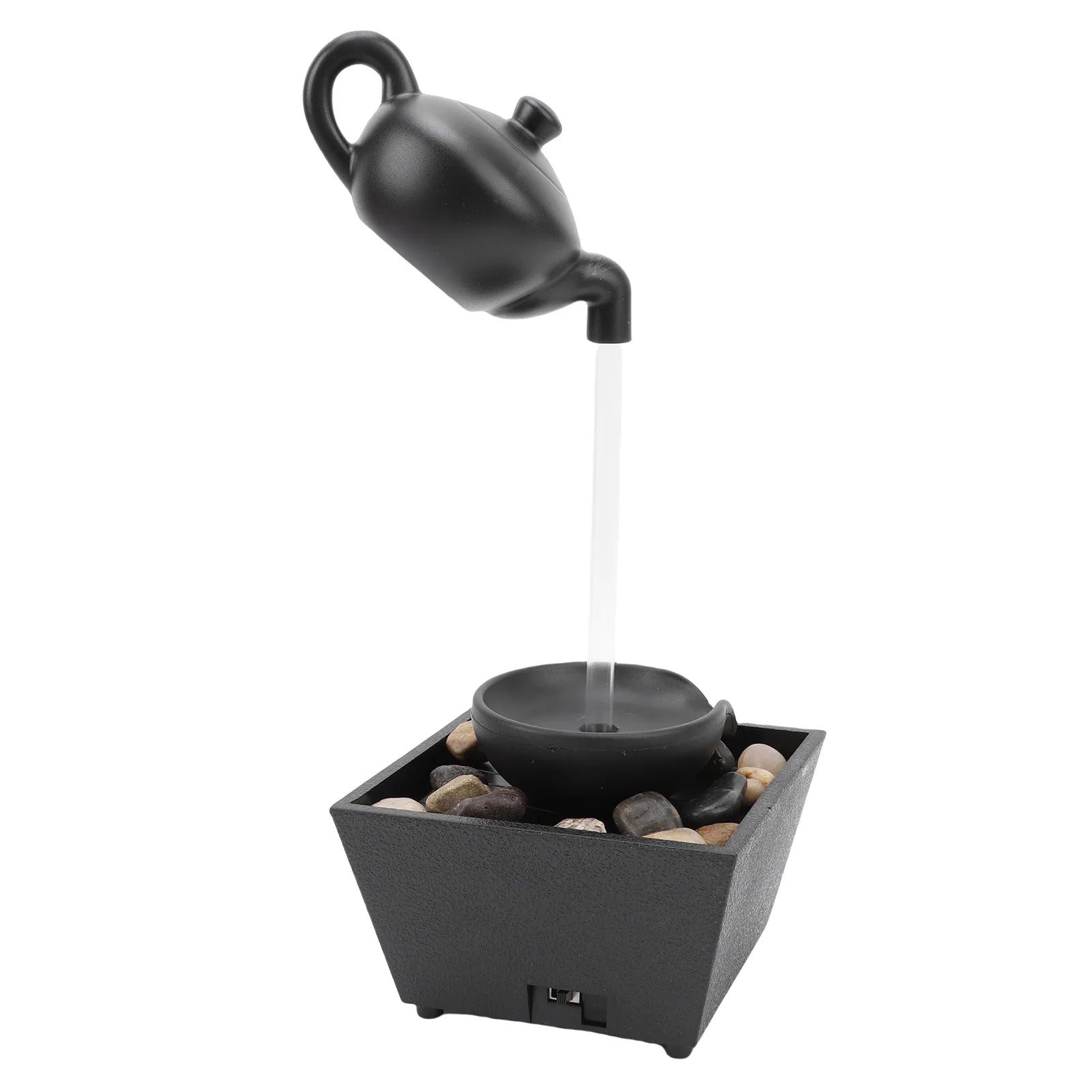 Floating Teapot Water Fountain Ornament Indoor Tabletop Waterfall Decoration with LED Light Stones Home Office Table Decor