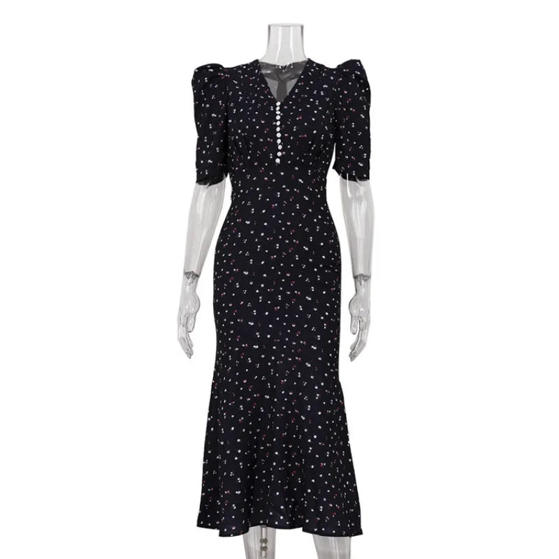 Tuularose Elegant Printed Long Dress Black V Neck Bubble Sleeve Summer Party Dresses Luxury Contrast Vintage Women Evening Dress