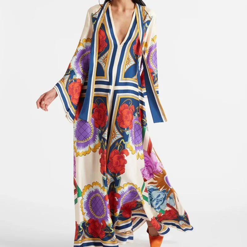 Elegant Long Sleeve Loose Party Dresses Spring Vintage Pattern Printed Robe Dress Women's Stand Neck High Waist Bohemian Dress