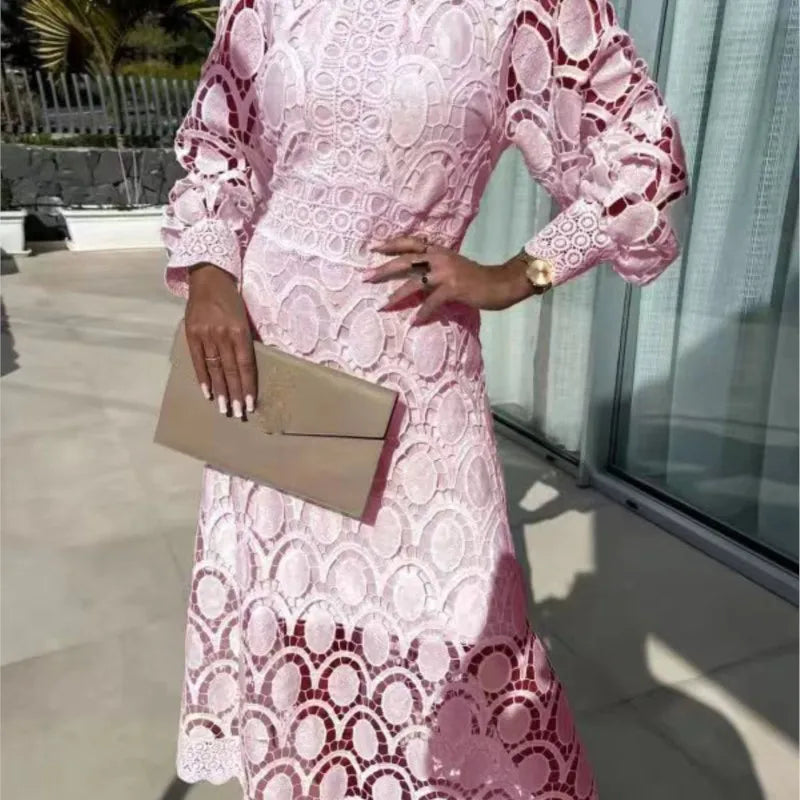 Lace Puff Sleeve Long Dress Women 2025 Spring Elegant New Fashionable Stand Collar High Waist Slim Dresses