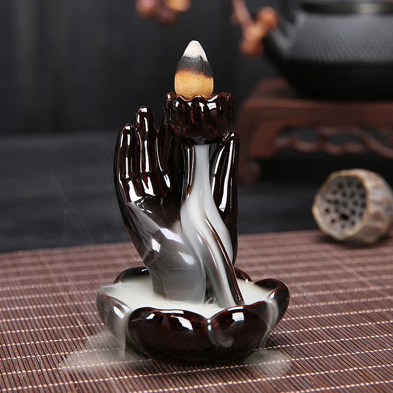 Ceramic Waterfall Backflow Incense Burner, Lotus Buddha Hand Design, Misty Smoke Effect for Zen Meditation, Home Good Luck Decor