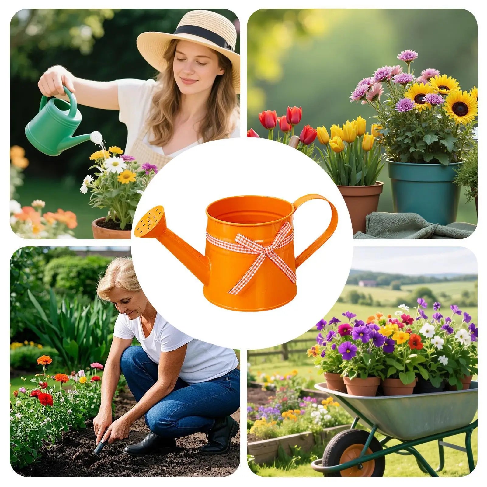 Indoor Watering Can 1L Metal Pot with Sprinkler Head and Gingham Ribbon Modern Plant Watering Cans for Home Office Balcony