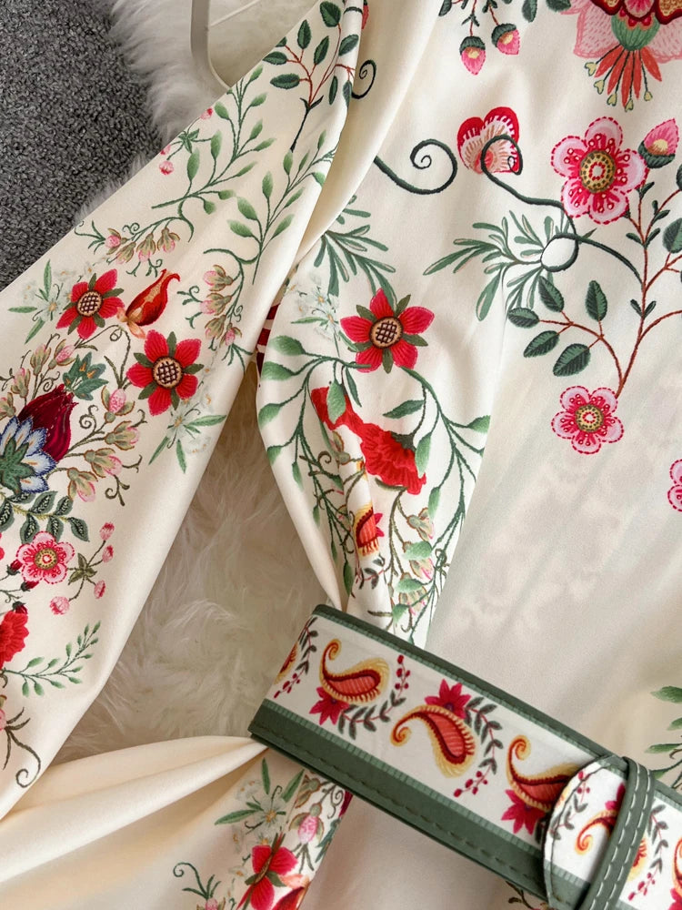 2026 Runway Luxury Designer Dresses Women Stand Neck Long Sleeve Floral Print With Belt Boho Holiday Dress Flower Long Robes