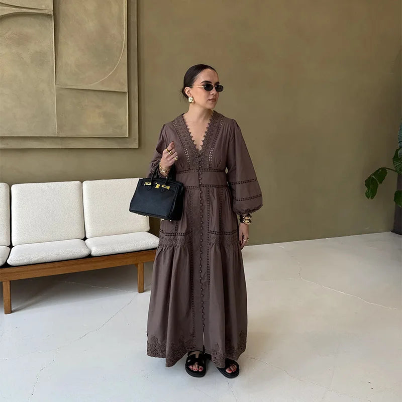 Elegant V Neck Long Puff Sleeve Embroidery Female Dress Chic Hollow Out A line Madi Dresses for Women Fashion Spring Lady Robes
