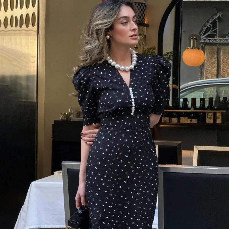 Tuularose Elegant Printed Long Dress Black V Neck Bubble Sleeve Summer Party Dresses Luxury Contrast Vintage Women Evening Dress