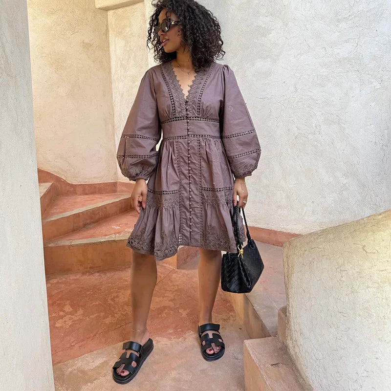 Elegant V Neck Long Puff Sleeve Embroidery Female Dress Chic Hollow Out A line Madi Dresses for Women Fashion Spring Lady Robes