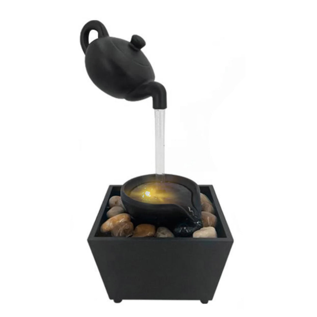 Floating Teapot Water Fountain Ornament Indoor Tabletop Waterfall Decoration with LED Light Stones Home Office Table Decor