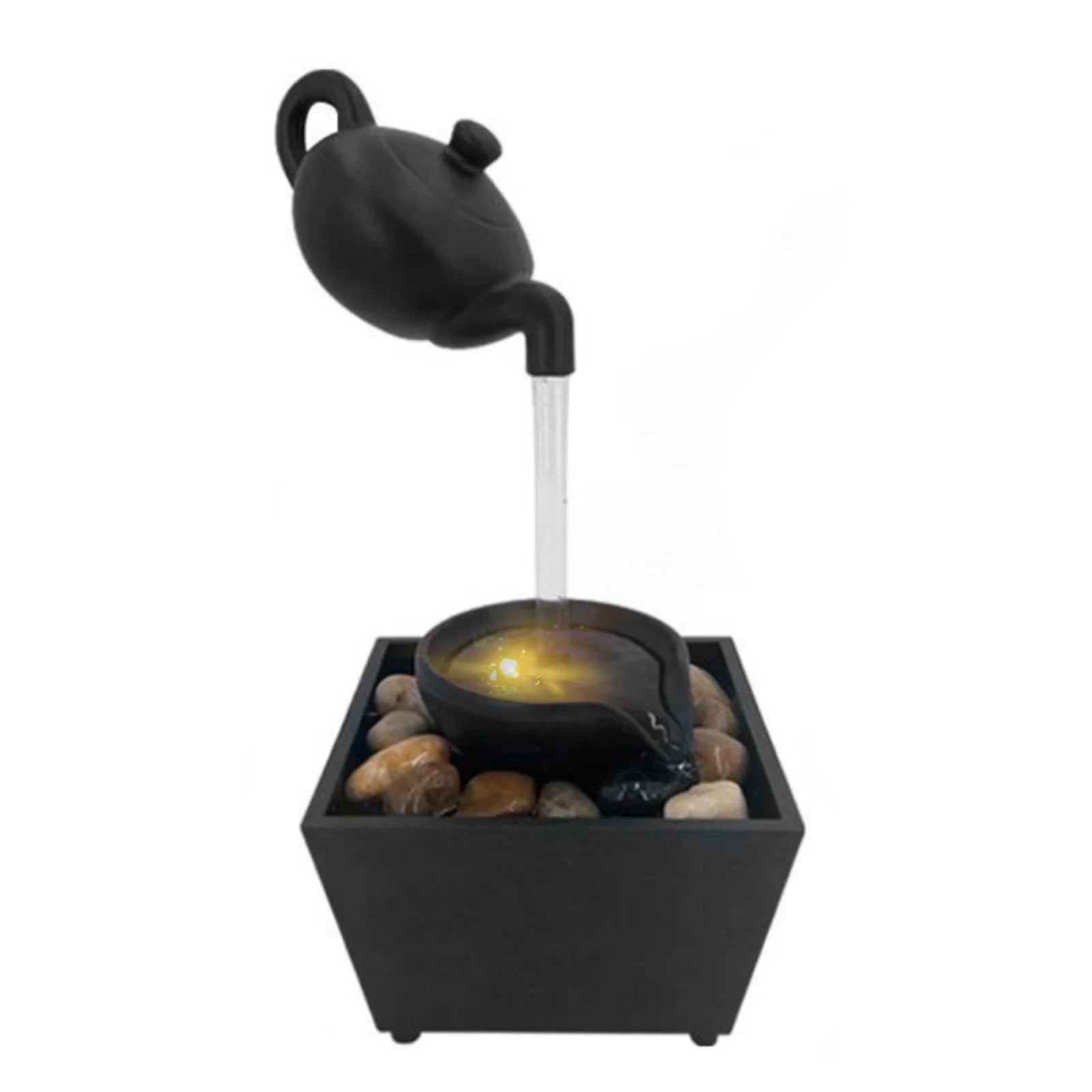 Floating Teapot Water Fountain Ornament Indoor Tabletop Waterfall Decoration with LED Light Stones Home Office Table Decor