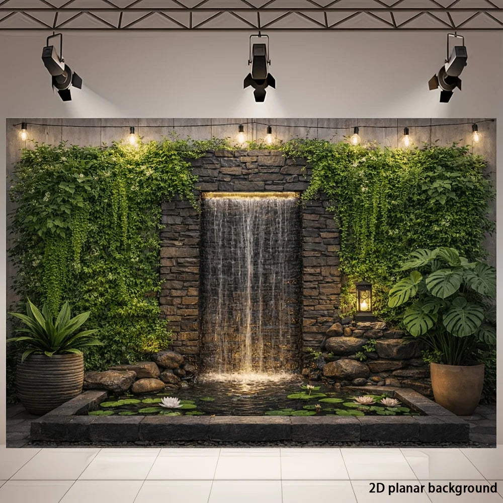 A natural-themed waterfall wall decorated with hanging plants and water lilies - suitable for families, weddings, and decoration