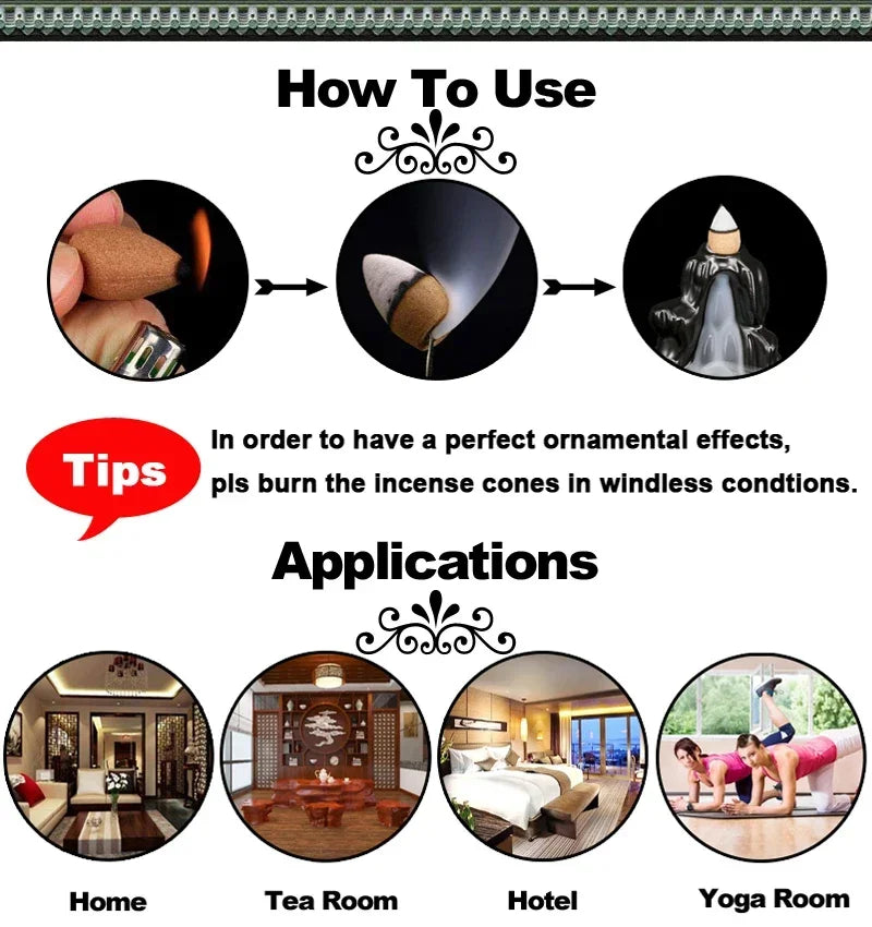 Free 20Pcs Incense cones Creative Home Decor Backflow Stick Incense Burner Ceramic Censer Home Decoration Use In Home Teahouse