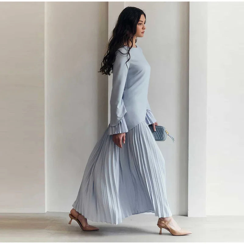 2025 Women Fashion O-neck Patchwork Long Dress Elegant Solid Flare sleeve Pleated High Waist Slim Dresses Lady Summer Chic Robes