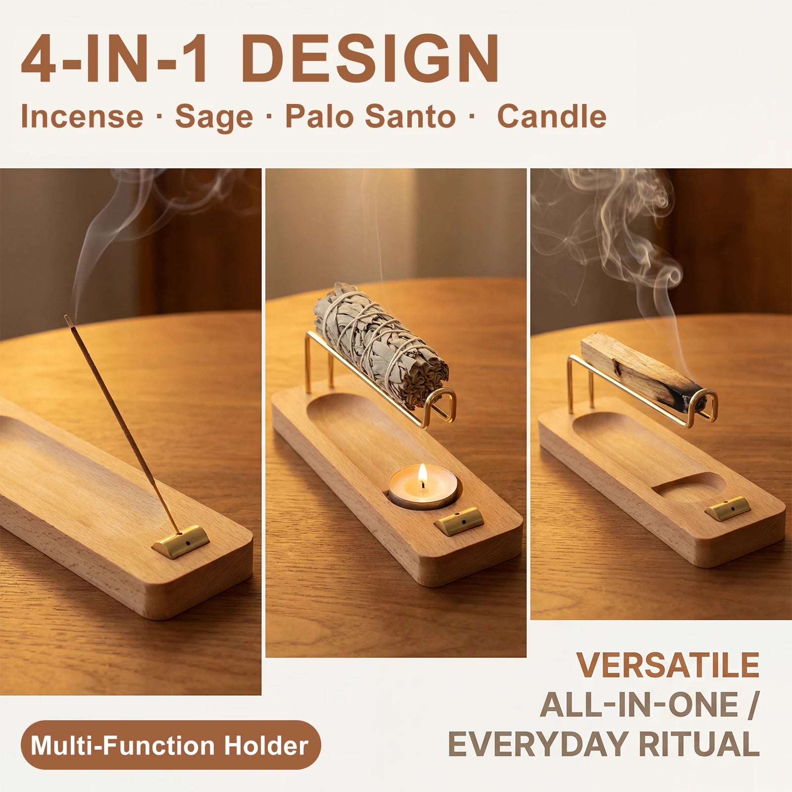 Incense Stick Holder Wooden Incense Burner Holder 4 in 1 Multi-purpose Sage Holder for Home Office Burning Palo Santo Sage Stick