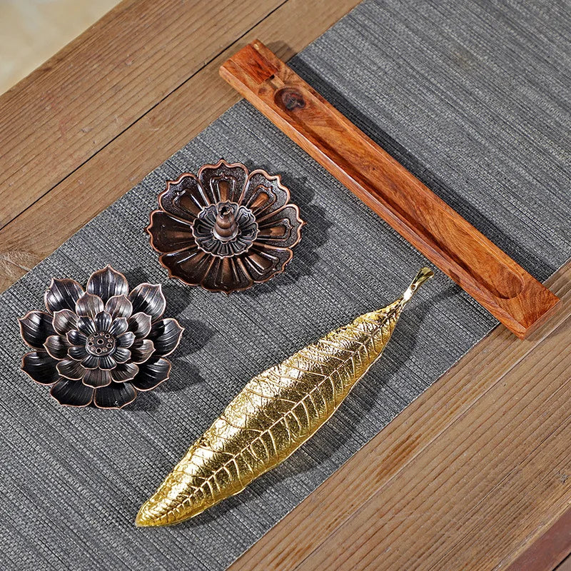 Golden Leaf Flower Pear Wood Lotus Flower Stick Incense Burner Creative Crafts Decoration Incense Holder Office Tea Ceremony