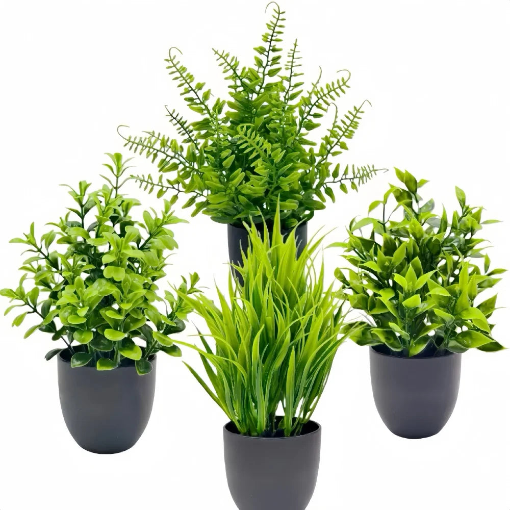 4pcs/set Mini Artificial Plants Potted Indoor Outdoor Decor Green Bonsai for Home Garden Office Living Room Decoration Ornament