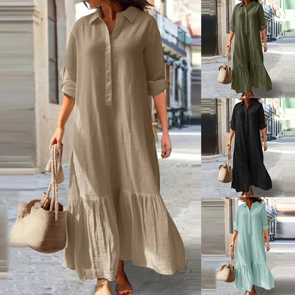2024 Summer Cotton Linen Women Dress Black Loose Long Sleeve Shirt Dresses Female Summer Casual Oversize Elegant Clothes Ladies