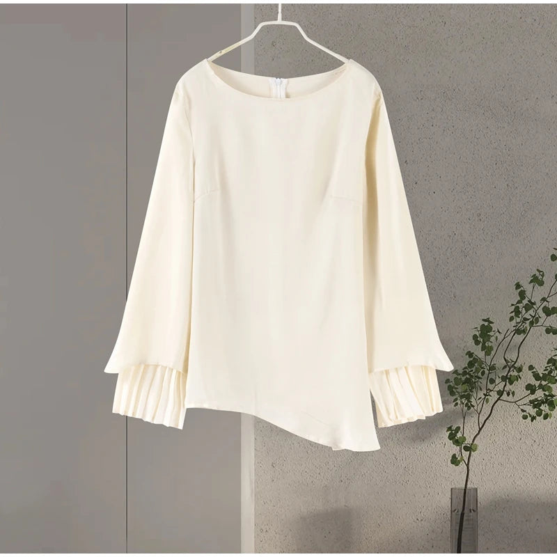 2025 Women Fashion O-neck Patchwork Long Dress Elegant Solid Flare sleeve Pleated High Waist Slim Dresses Lady Summer Chic Robes