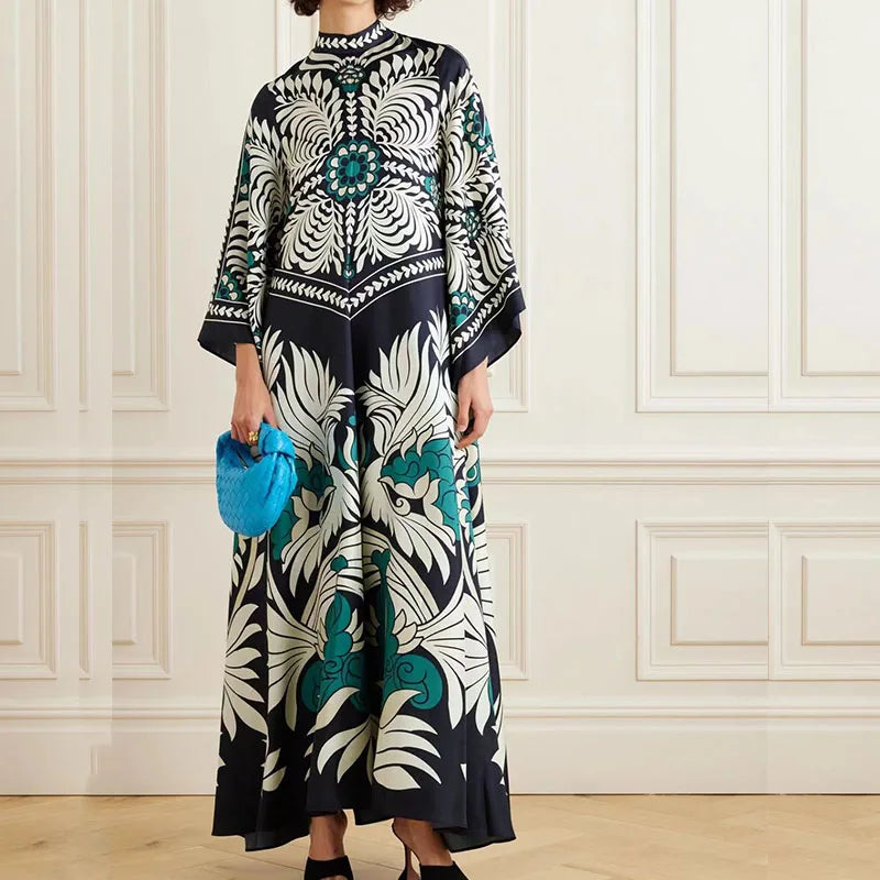 Elegant Long Sleeve Loose Party Dresses Spring Vintage Pattern Printed Robe Dress Women's Stand Neck High Waist Bohemian Dress