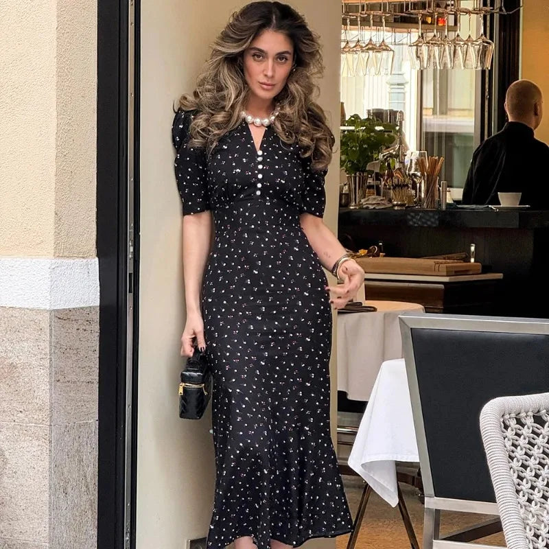 Tuularose Elegant Printed Long Dress Black V Neck Bubble Sleeve Summer Party Dresses Luxury Contrast Vintage Women Evening Dress
