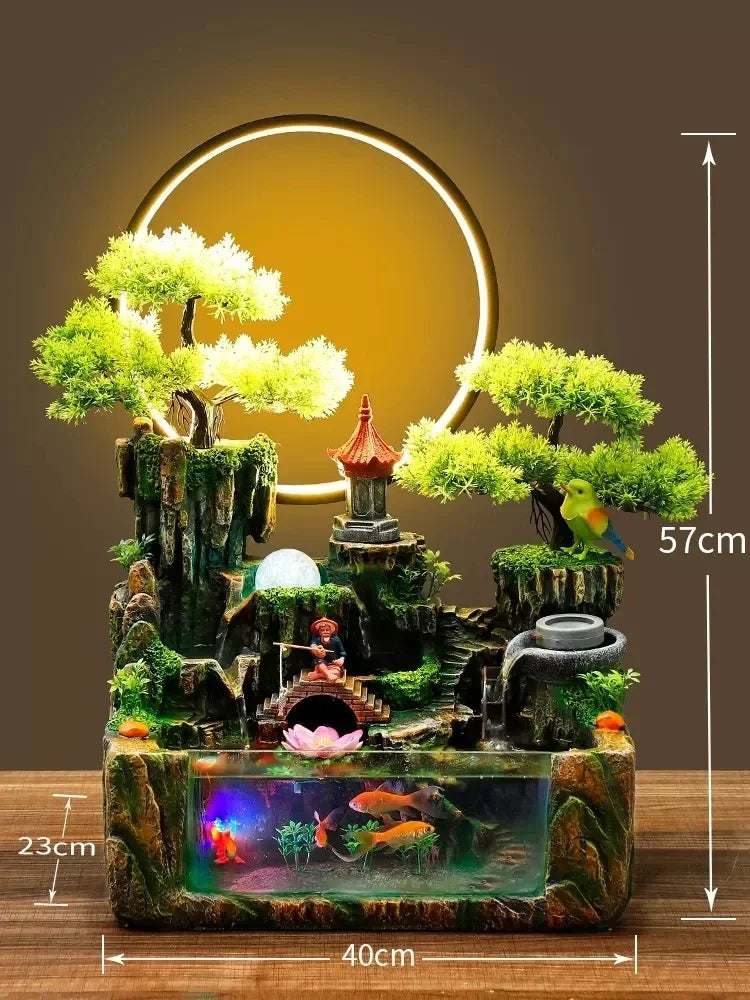 Indoor Fountain with Fish Tank Feng Shui Resin Waterwheel Relaxing Fog Water Feature for Home & Office Décor Water Feature