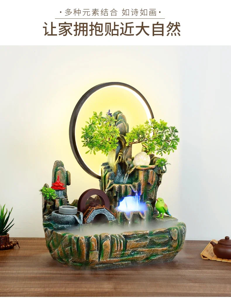 Indoor Fountain with Fish Tank Feng Shui Resin Waterwheel Relaxing Fog Water Feature for Home & Office Décor Water Feature