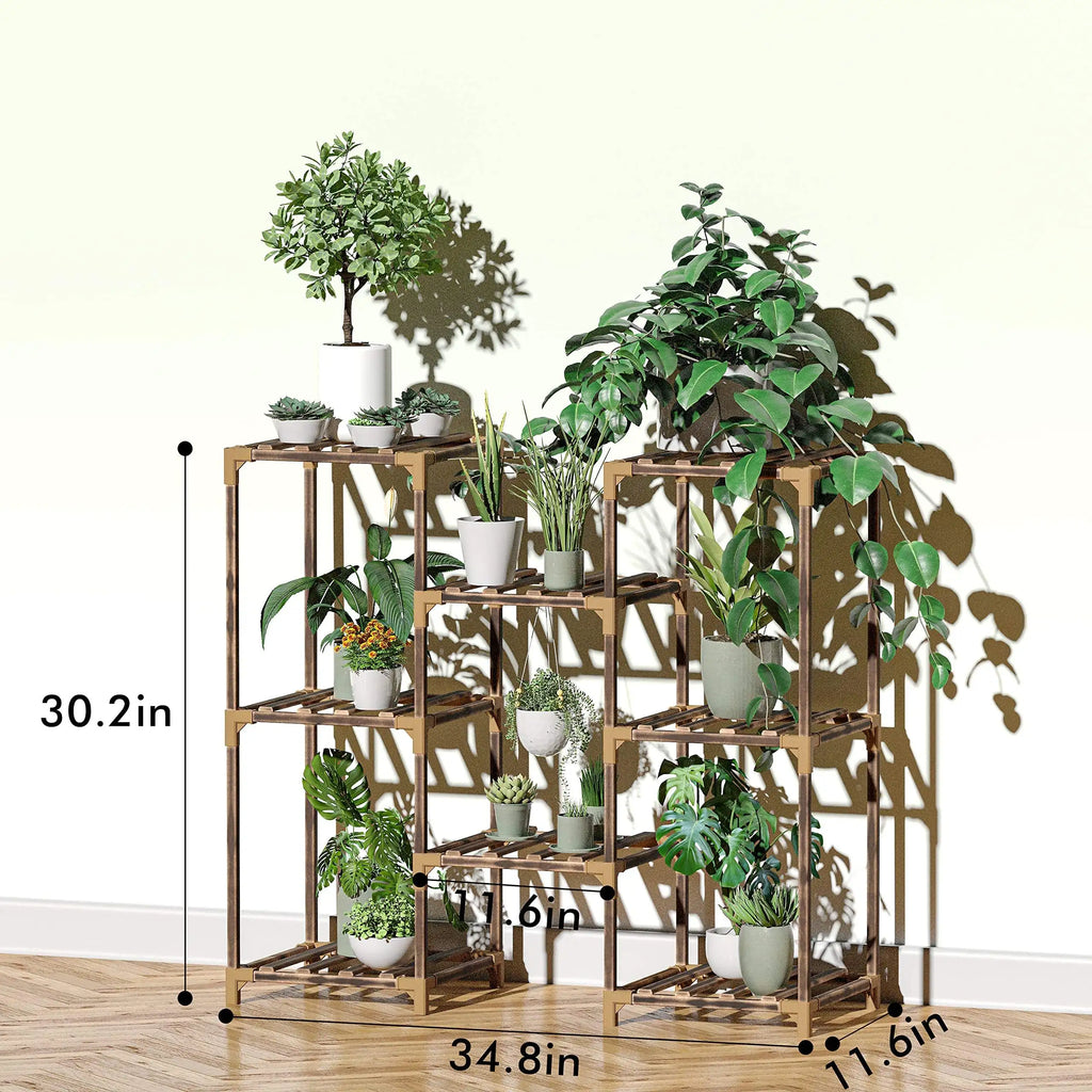 Indoor-outdoor wooden multi-tier plant stand, suitable for placement in living rooms, courtyards, and balconies.