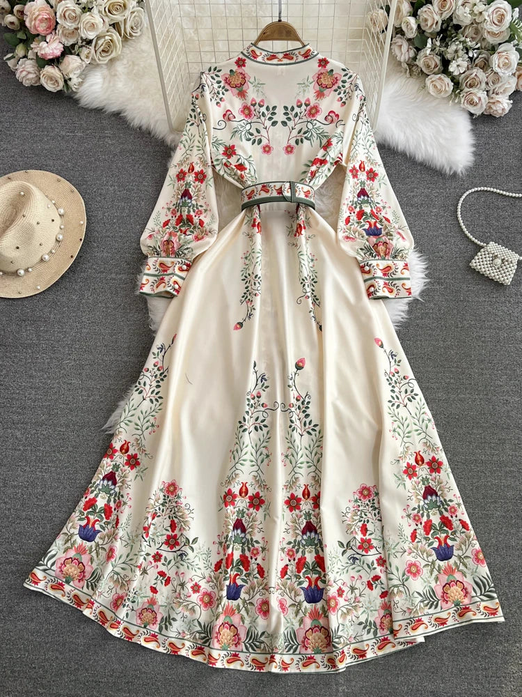 2026 Runway Luxury Designer Dresses Women Stand Neck Long Sleeve Floral Print With Belt Boho Holiday Dress Flower Long Robes