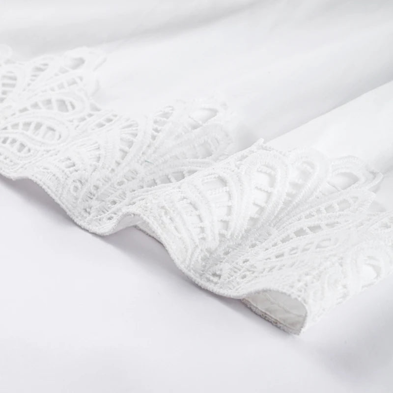 Elegant V Neck Long Puff Sleeve Embroidery Female Dress Chic Hollow Out A line Madi Dresses for Women Fashion Spring Lady Robes
