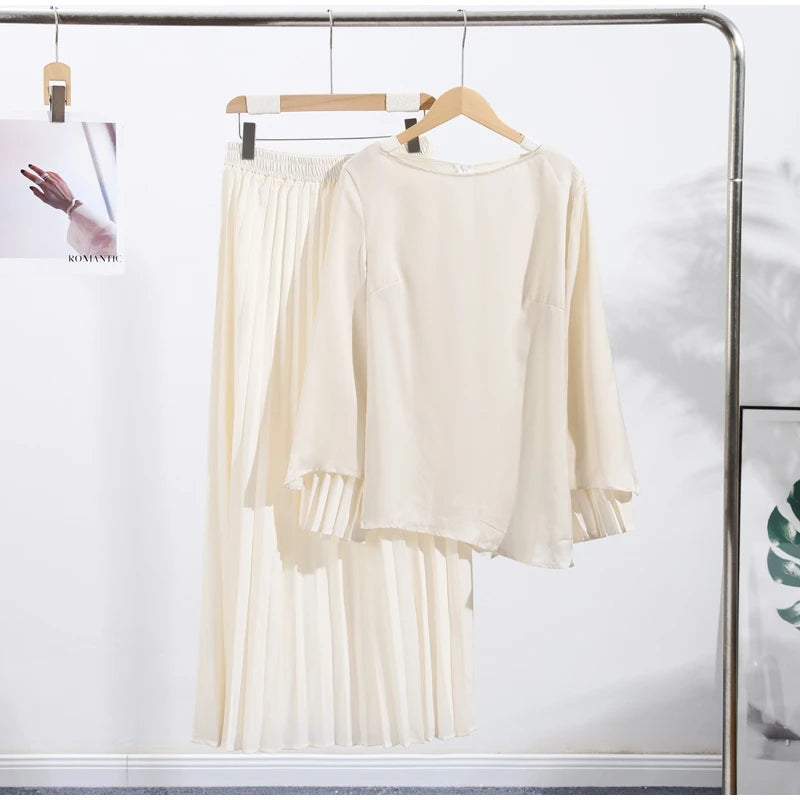 2025 Women Fashion O-neck Patchwork Long Dress Elegant Solid Flare sleeve Pleated High Waist Slim Dresses Lady Summer Chic Robes