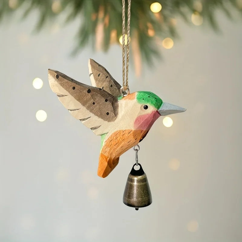 1pc Hand-Carved Solid Wood Hummingbird Wind Chime Pendant -Wood Grain Flying Bird Sculpture with Soothing Sound Rustic Farmhouse