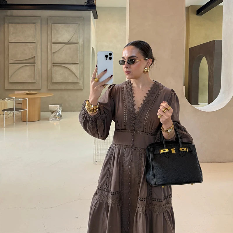 Elegant V Neck Long Puff Sleeve Embroidery Female Dress Chic Hollow Out A line Madi Dresses for Women Fashion Spring Lady Robes