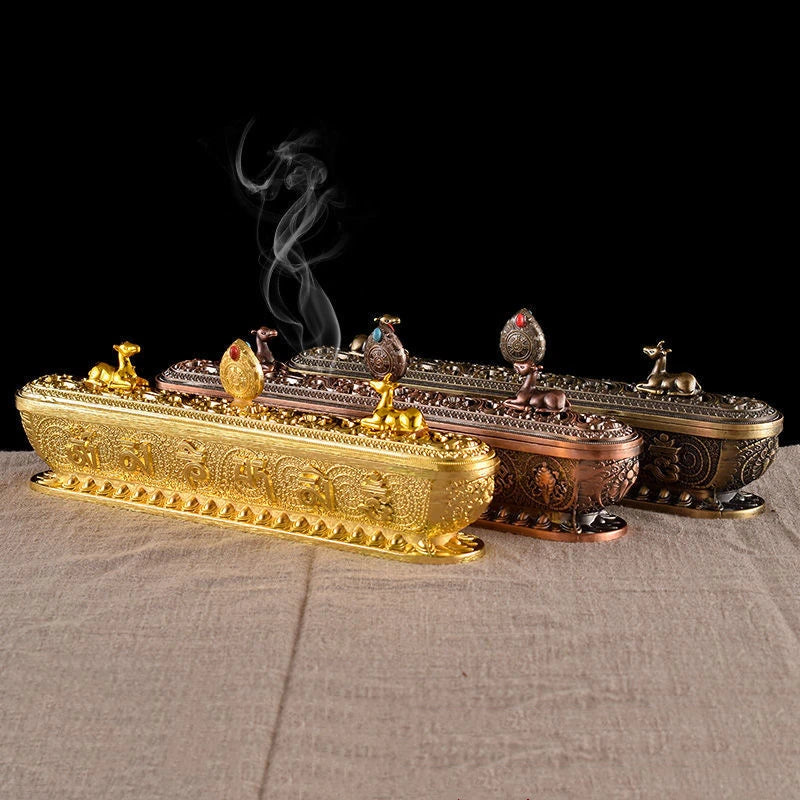 Sanskrit Incense Stick Burner Alloy Buddhist Tibetan Indoor Golden Meditation Engraving Temples Smoke Supply Furnace Ornaments