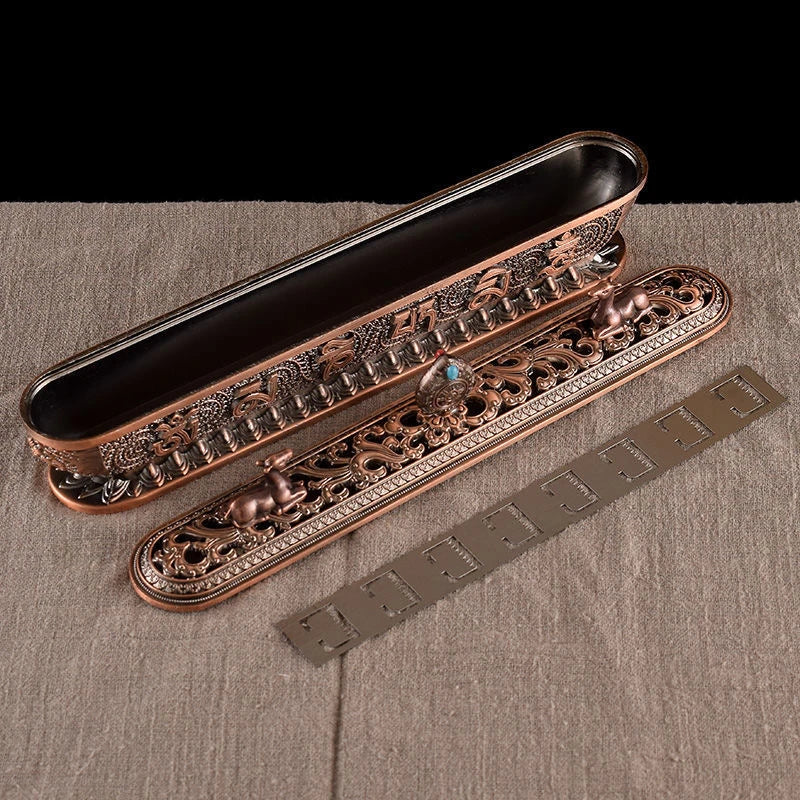Sanskrit Incense Stick Burner Alloy Buddhist Tibetan Indoor Golden Meditation Engraving Temples Smoke Supply Furnace Ornaments