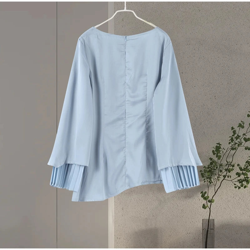 2025 Women Fashion O-neck Patchwork Long Dress Elegant Solid Flare sleeve Pleated High Waist Slim Dresses Lady Summer Chic Robes