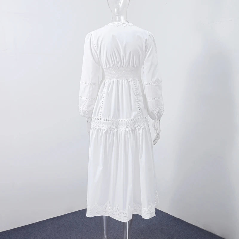 Elegant V Neck Long Puff Sleeve Embroidery Female Dress Chic Hollow Out A line Madi Dresses for Women Fashion Spring Lady Robes