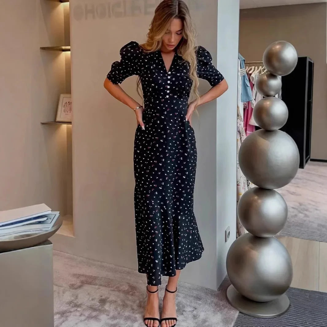 Tuularose Elegant Printed Long Dress Black V Neck Bubble Sleeve Summer Party Dresses Luxury Contrast Vintage Women Evening Dress