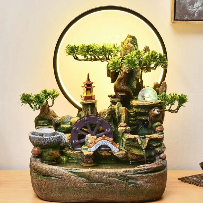Indoor Fountain with Fish Tank Feng Shui Resin Waterwheel Relaxing Fog Water Feature for Home & Office Décor Water Feature