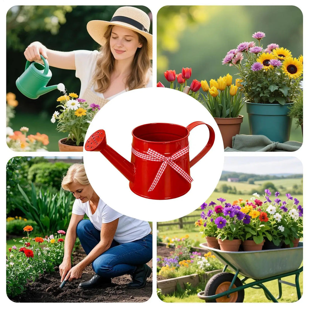Indoor Watering Can 1L Metal Pot with Sprinkler Head and Gingham Ribbon Modern Plant Watering Cans for Home Office Balcony
