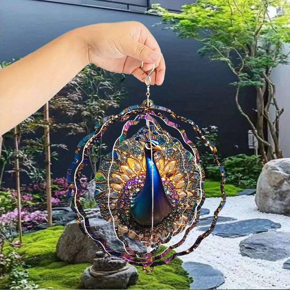 A Beautiful Peacock Wind Chime Made of Metal, a 3D Rotating Design with a 360° Swivel Hook That Creates a Striking Dynamic